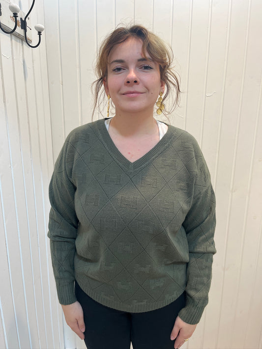 Grøn Strikbluse Med V-hals
