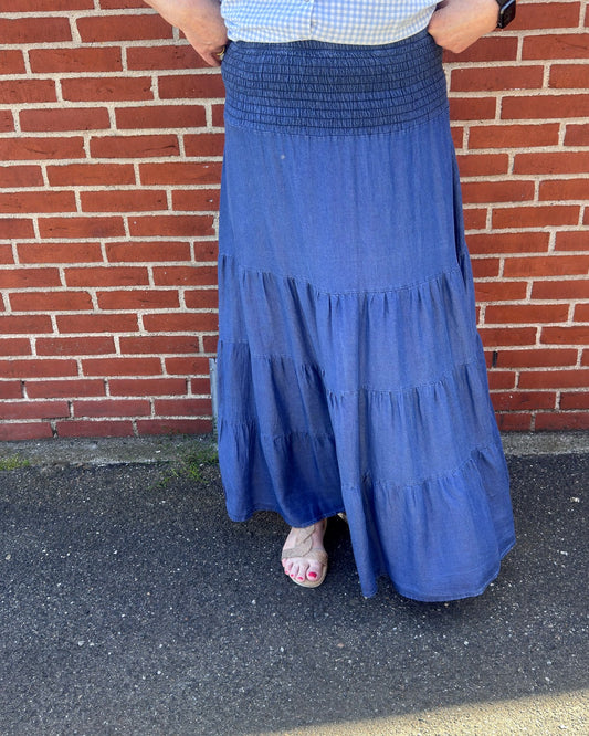 Lang nederdel med denim-look