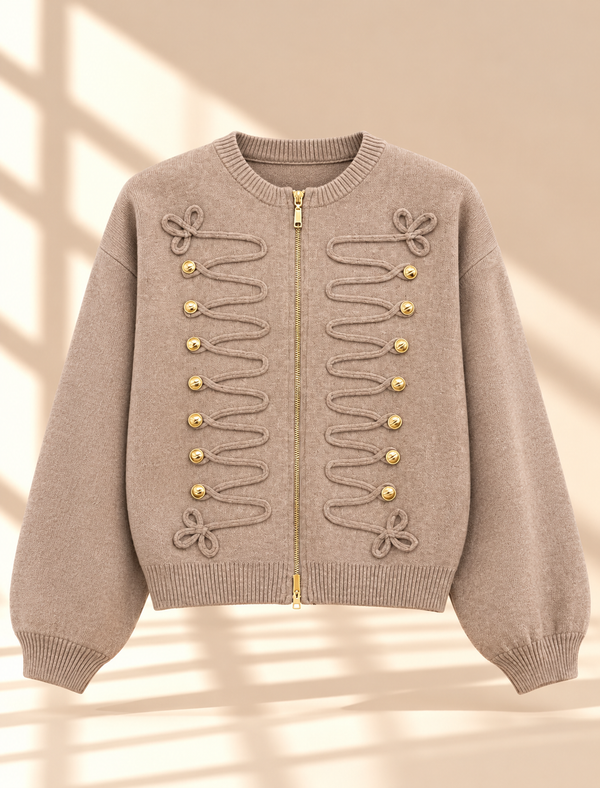 Taupe strikcardigan med gulddetaljer