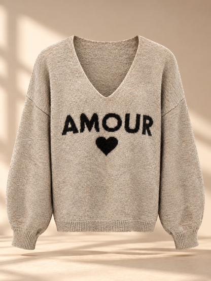 Beige strik med AMOUR-print og hjerte - Made in Italy