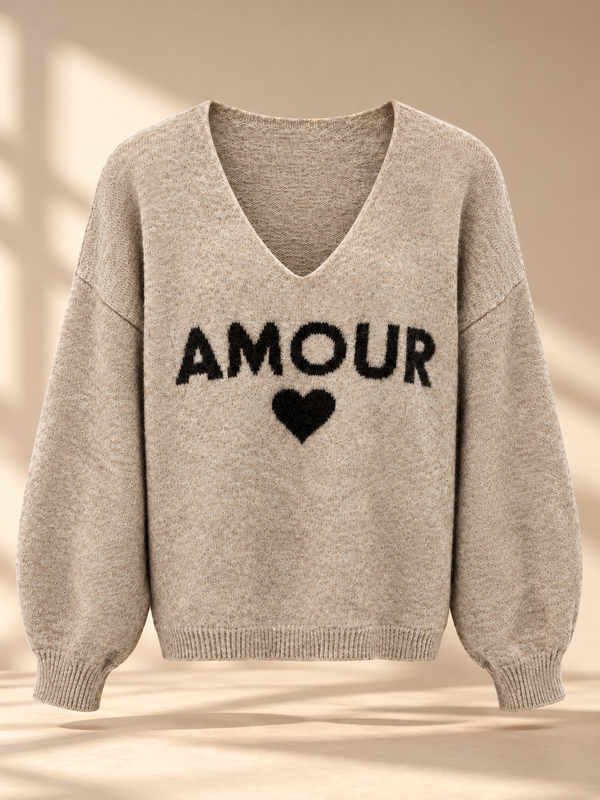 Beige strik med AMOUR-print og hjerte - Made in Italy