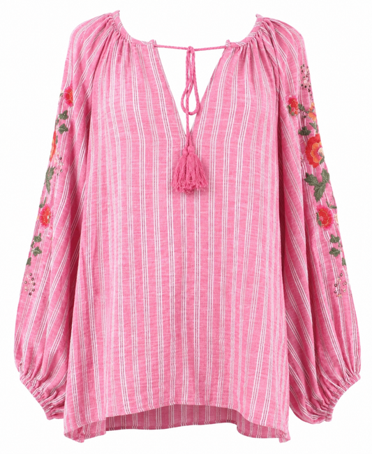 Pink bomuldsbluse med blomsterbroderi