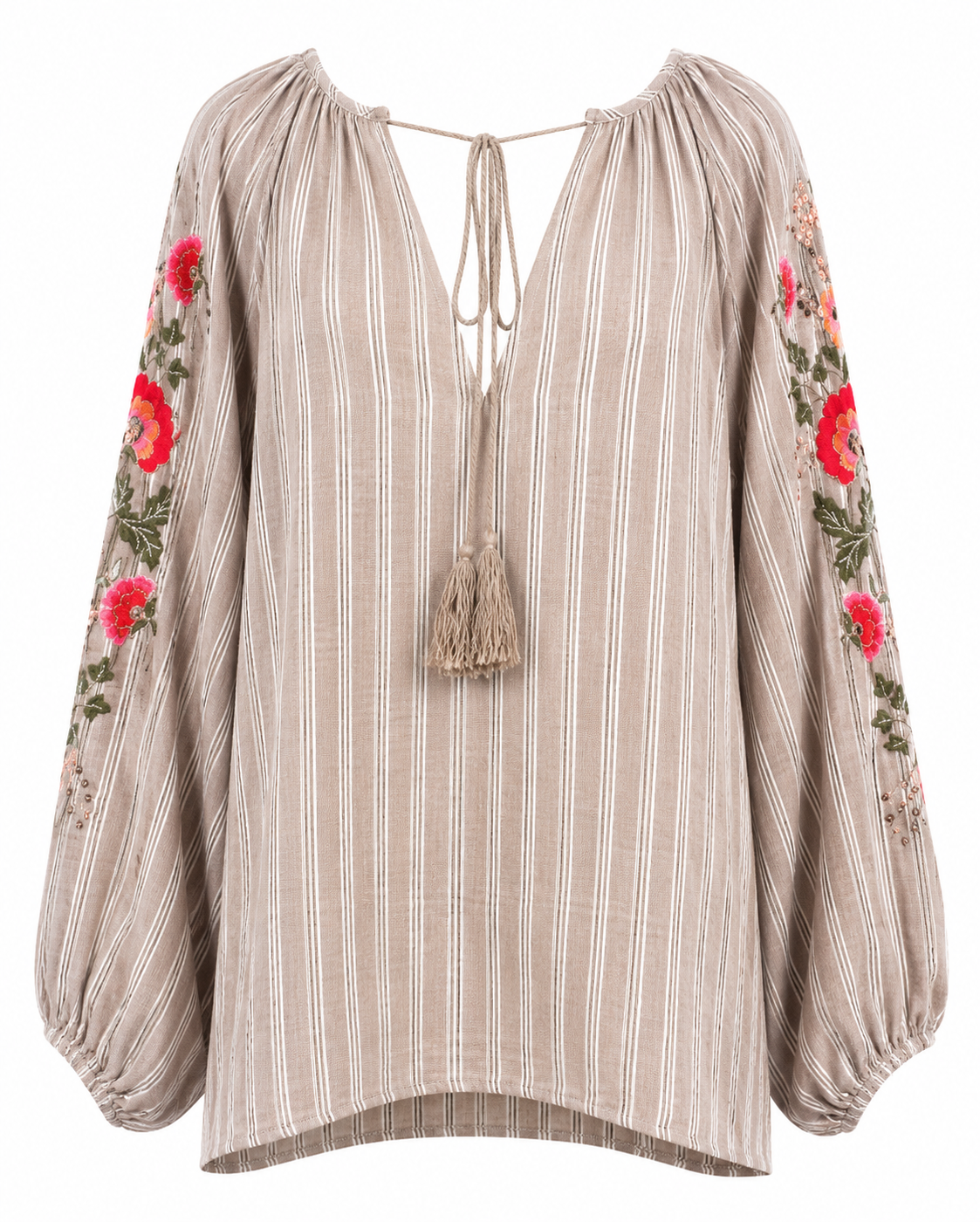 Grålig beige bomuldsbluse med blomsterbroderi