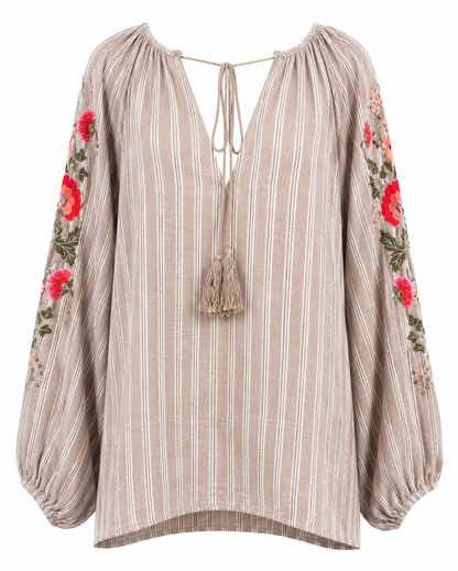 Grålig beige bomuldsbluse med blomsterbroderi