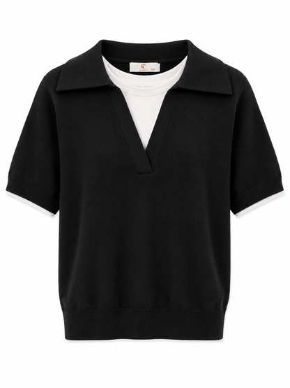 Kortærmet strikbluse med lag-på-lag look
