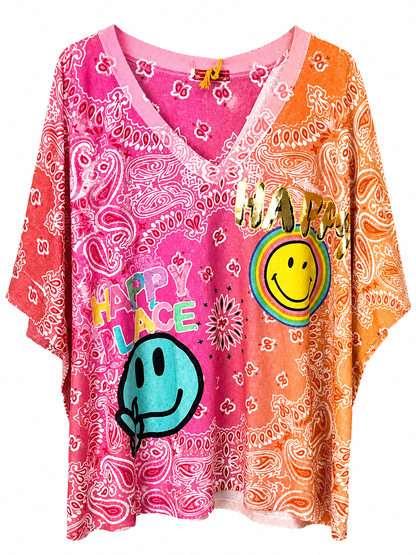 Farverig bluse med V-hals