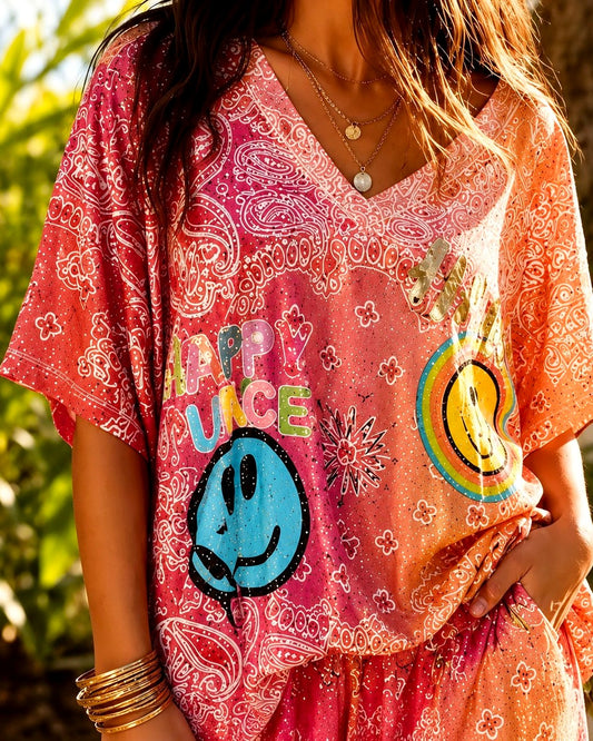 Farverig bluse med V-hals