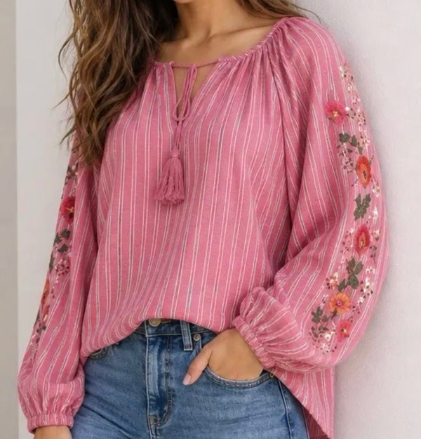 Pink bomuldsbluse med blomsterbroderi