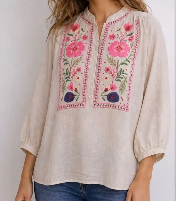 Beige bluse med farverigt blomsterbroderi