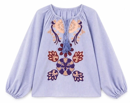 Lilla bomuldsbluse med broderi
