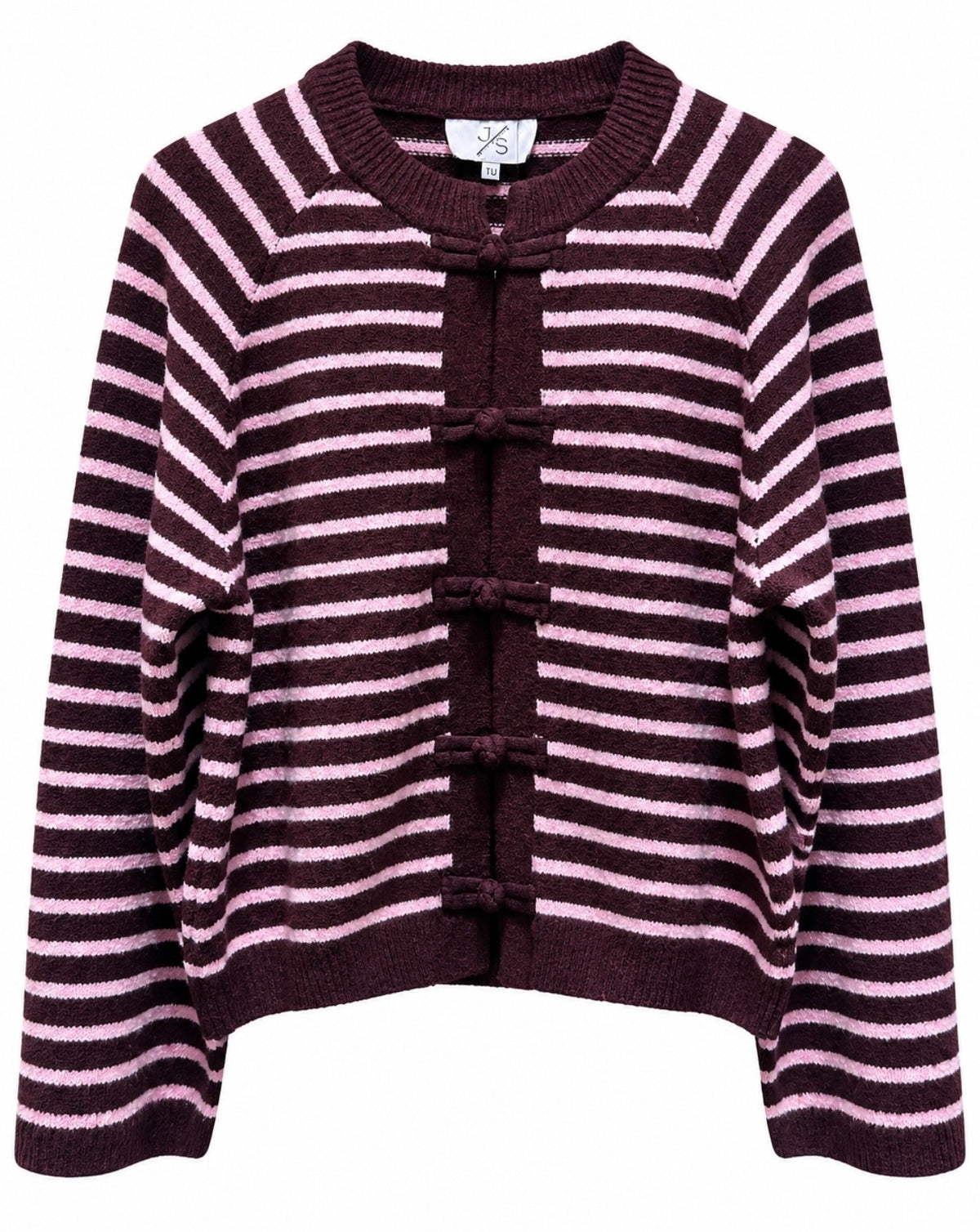 Stribet cardigan i lilla og rosa