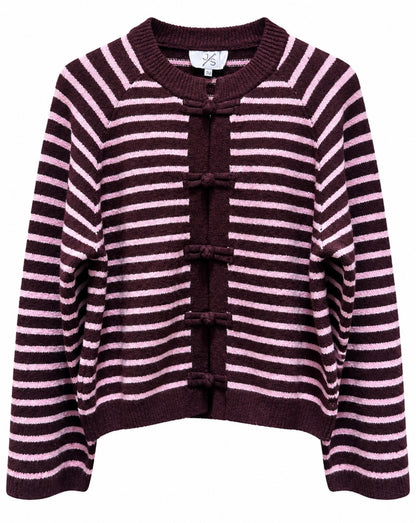 Stribet cardigan i lilla og rosa