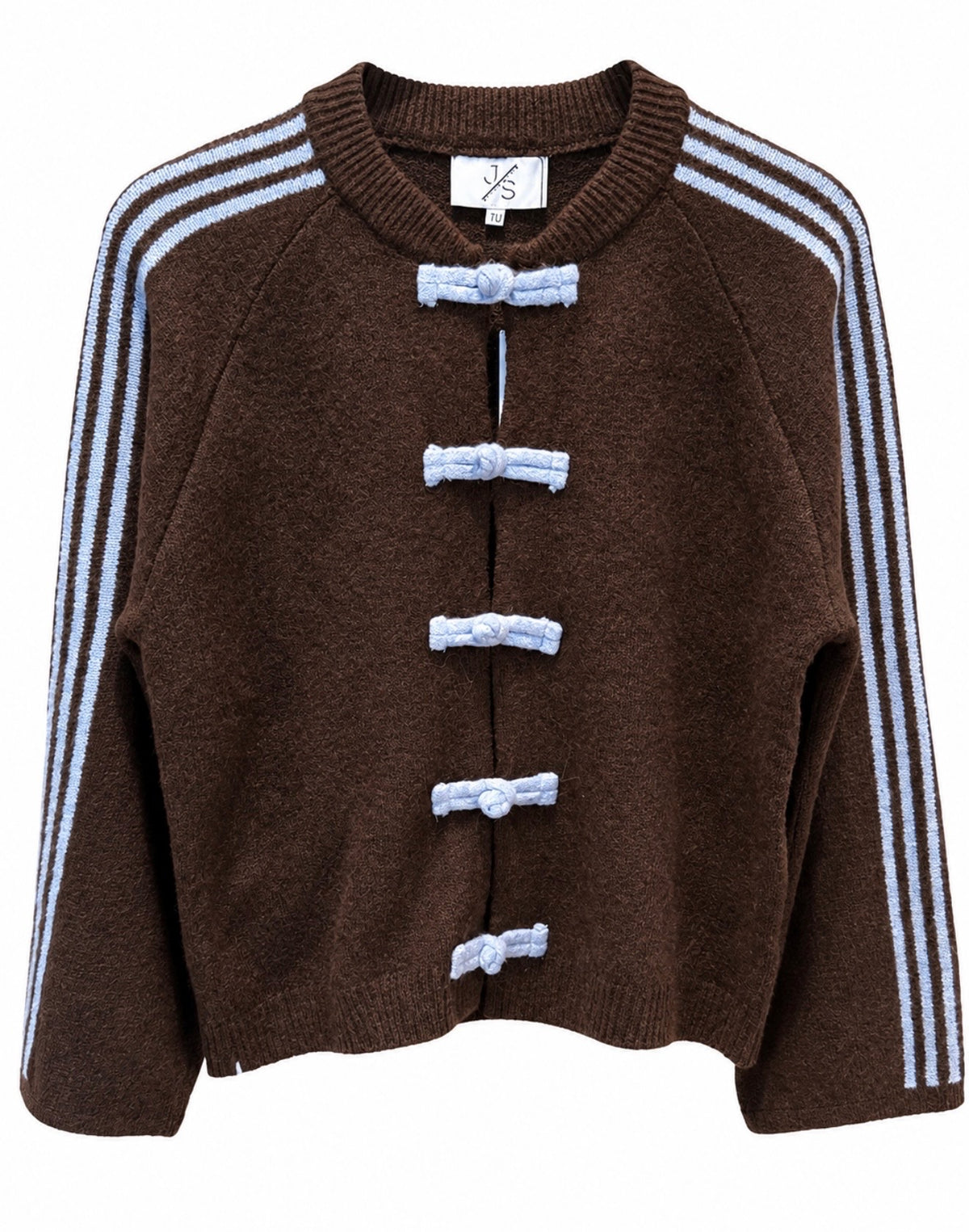 Chokoladebrun cardigan med lyseblå detaljer