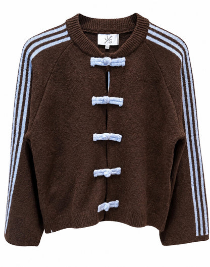 Chokoladebrun cardigan med lyseblå detaljer