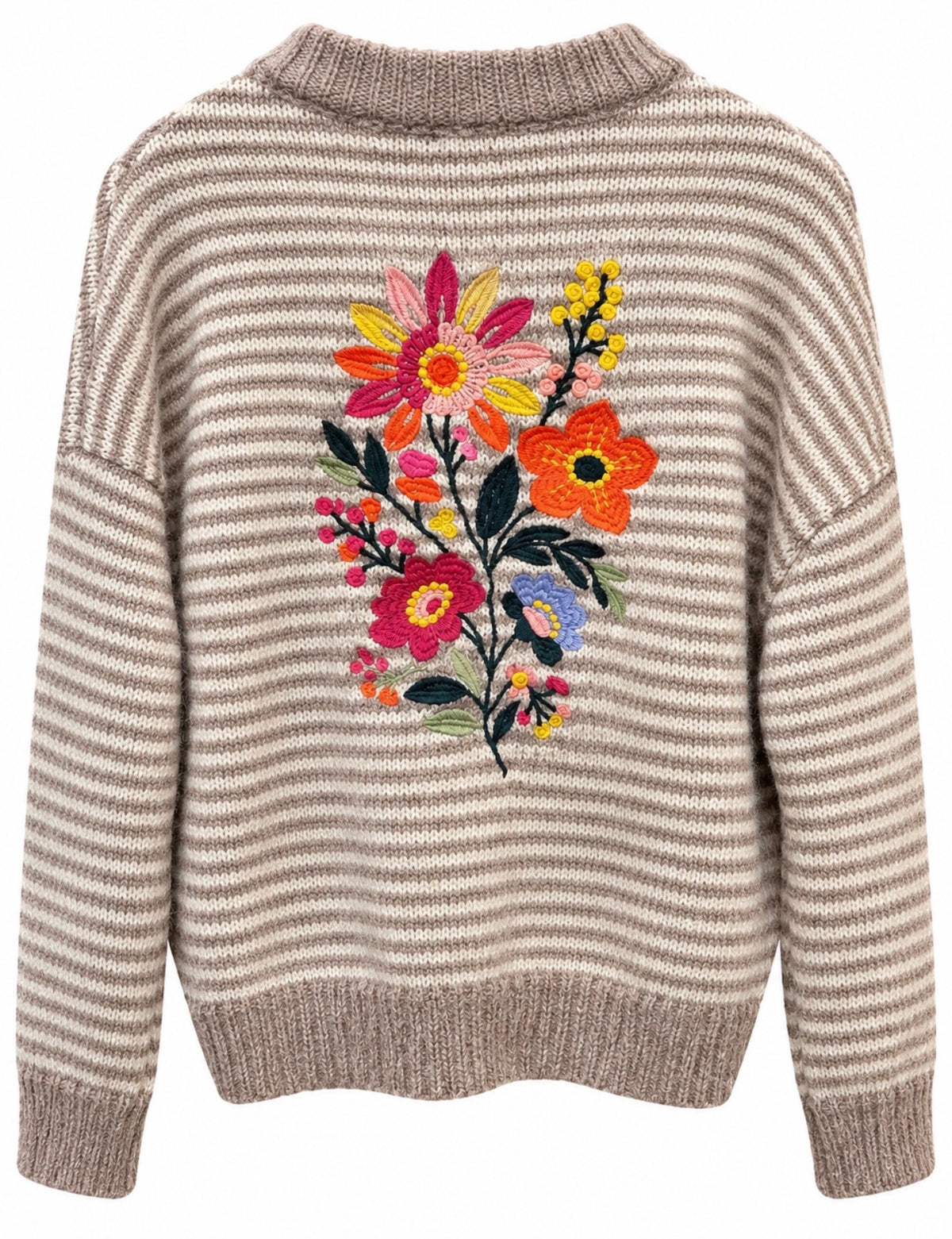 Stribet striktrøje med blomsterbroderi