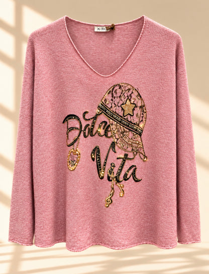 Pink strik med dekorativt print - Made in Italy